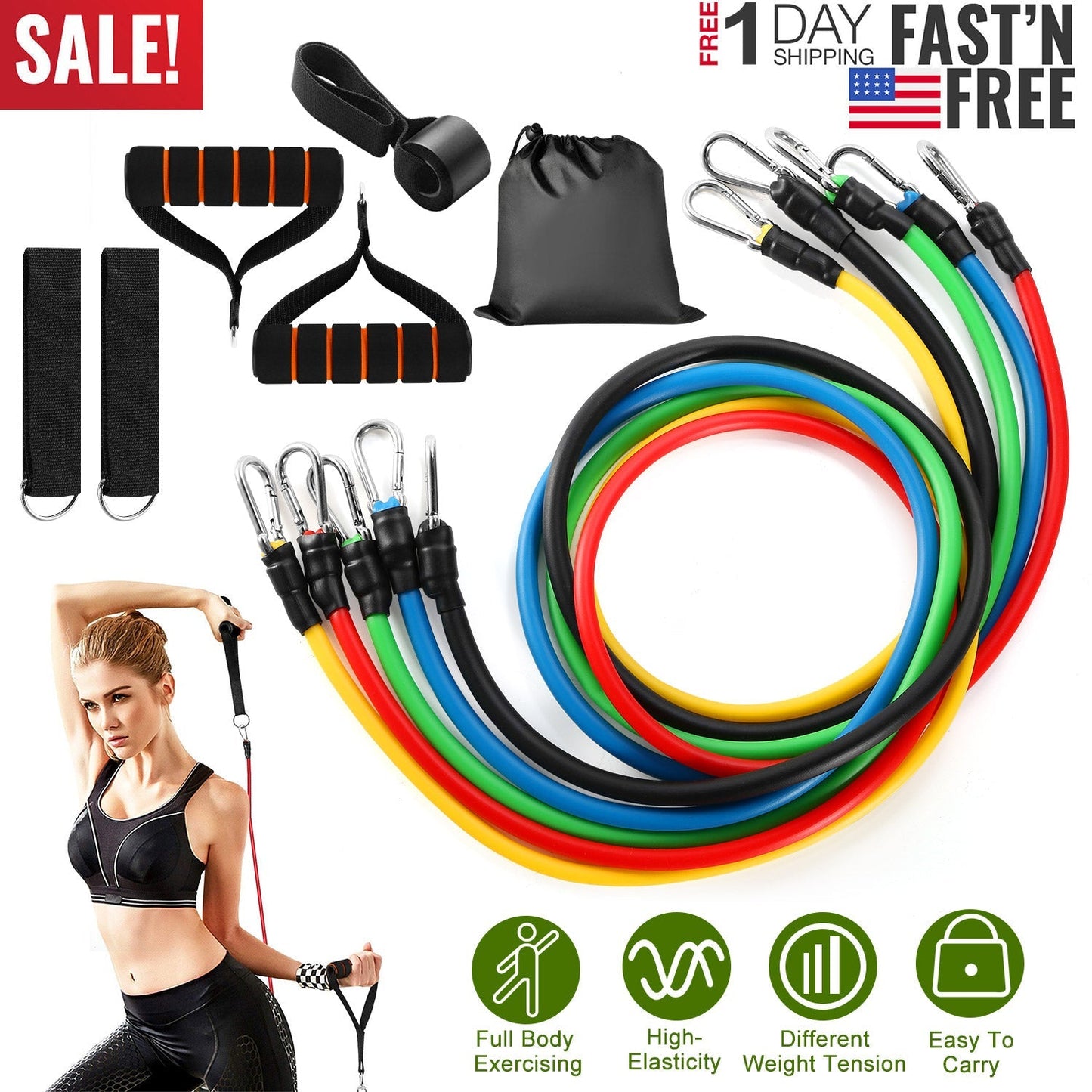 11Pcs Resistance Bands Set Workout Tubes Up to 100lbs